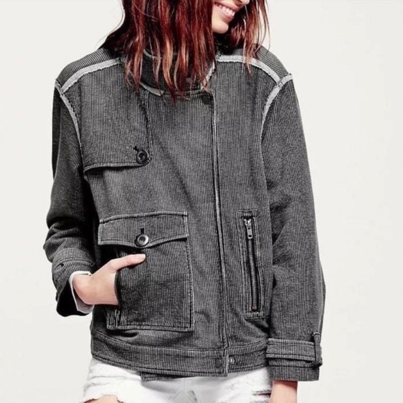 Free People Jacket oversized Moto Railroad Conductor Pinstripe knit bomber black - Picture 4 of 10